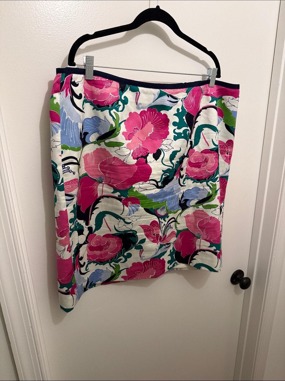 Talbots Floral Pink & Green Pencil Skirt with Navy Trim